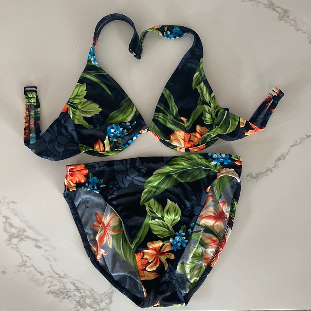 Jantzen Navy Floral Bikini with Green Leaves and Orange Flowers